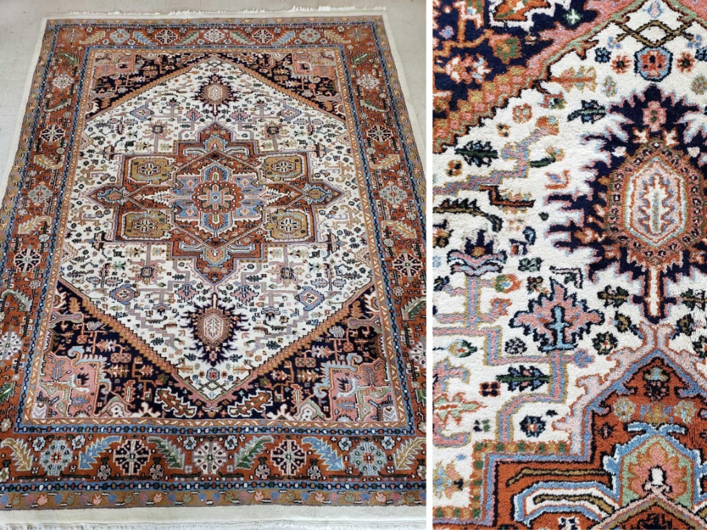 ANTIQUE HERIZ-SERAPI HAND KNOTTED RUG, LARGE MEDALLION, IVORY NAVY TERRCOTTA GEOMETRIC CARPET (1 of 16)