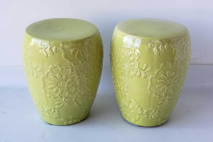 PAIR OF VINTAGE CHARTREUSE GLAZED CERAMIC FLOWER MOTIF GARDEN SEATS