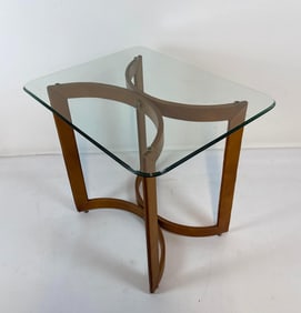 LUXURY TAN CUOIO LEATHER CURVED SCISSOR BASE GLASS VINTAGE END TABLE