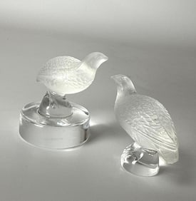 TWO LALIQUE FRANCE MINIATURE CRYSTAL QUAIL BIRD PAPERWEIGHTS FIGURINES