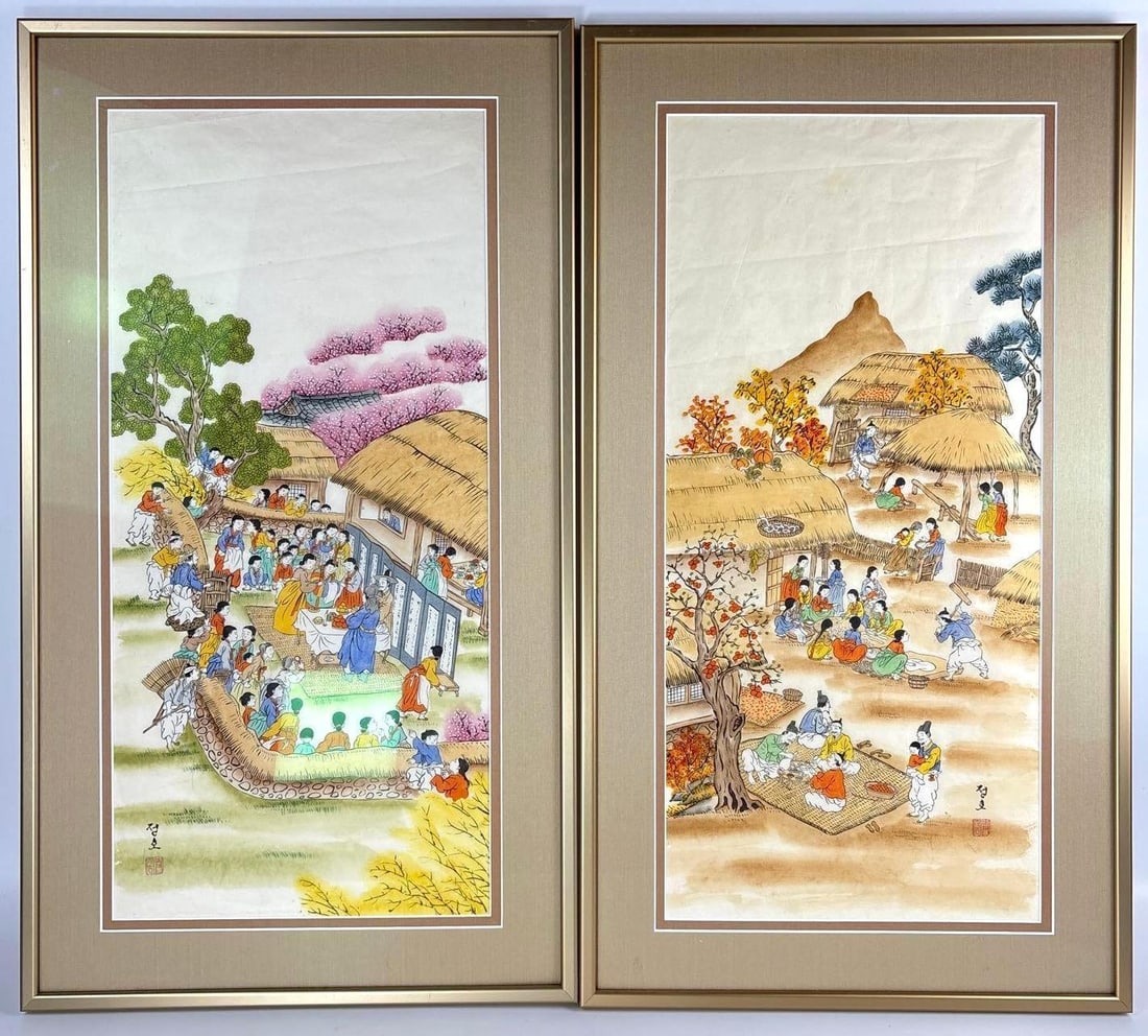 PAIR OF KOREAN MINHWA (FOLK ART) PAINTINGS OF VILLAGE LIFE AND FESTIVALS, MID/LATE 20TH CENTURY (1 of 6)