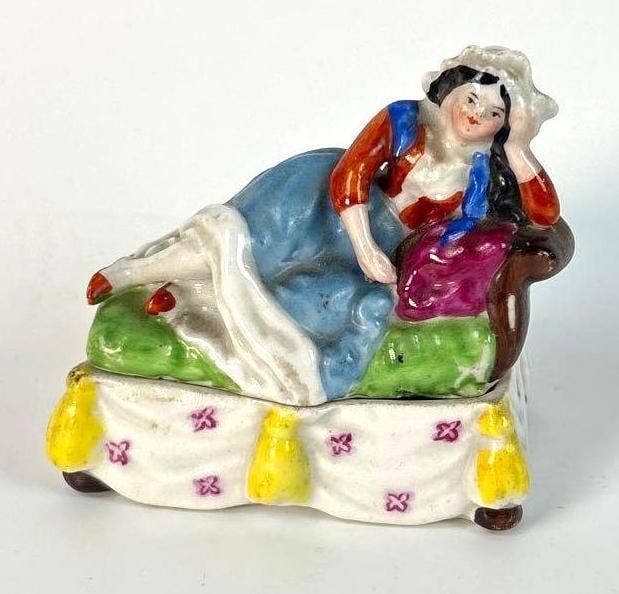 ANTIQUE FIGURATIVE PORCELAIN TRINKET BOX - SHE'S HAD ENOUGH (1 of 7)