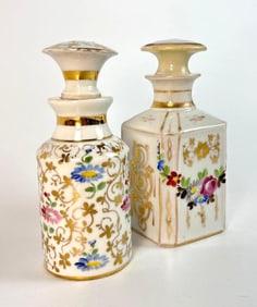 EARLY 20TH CENTURY FRENCH PORCELAIN PERFUME VANITY BOTTLES ONE SIGNED PARIS DECORATORS