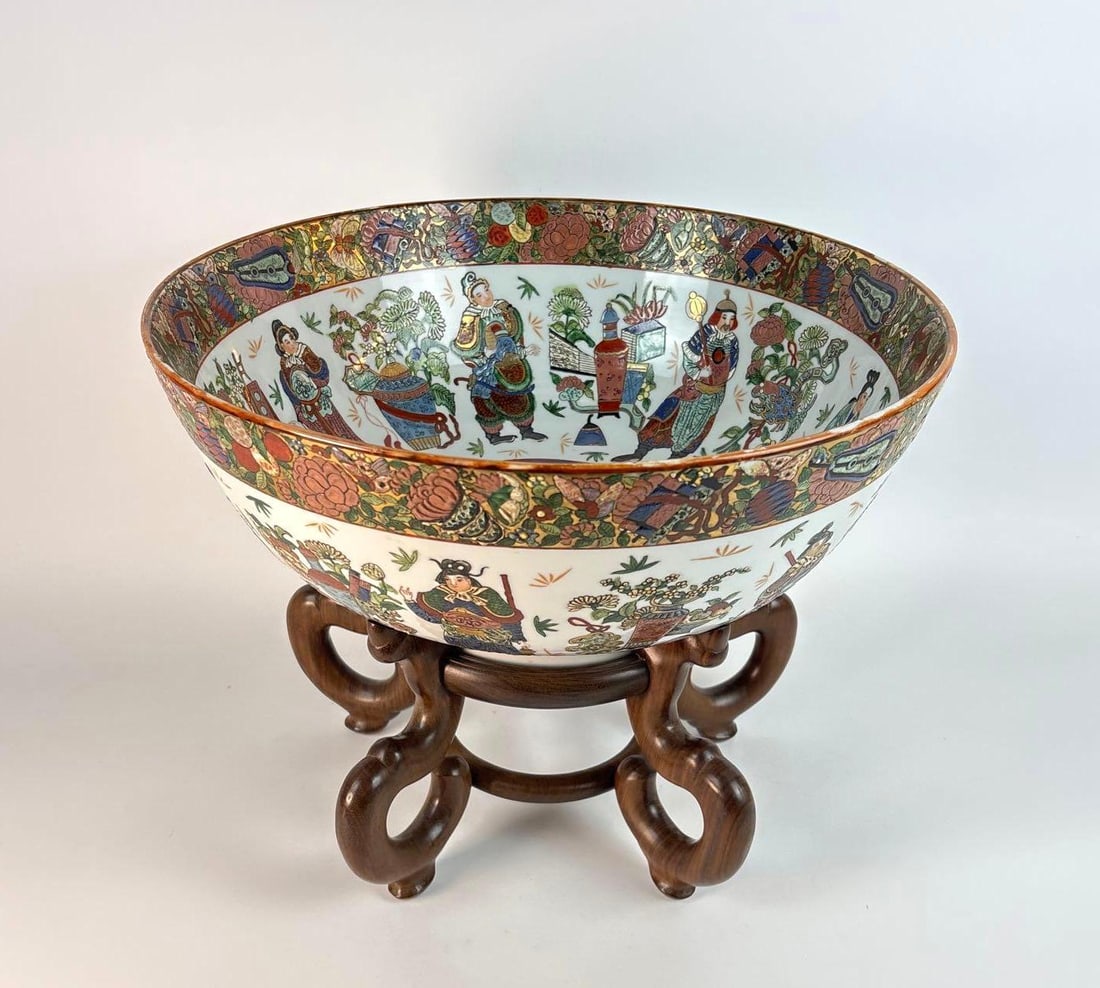 RARE LARGE ANTIQUE CHINESE ROSE MEDALLION PUNCH BOWL ON STAND, FAMILLE ROSE EXPORT PORCELAIN (1 of 9)