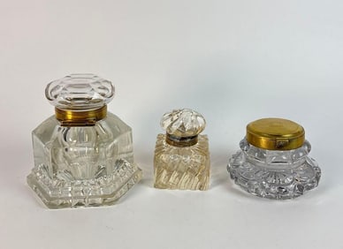 3 EXQUISITE ANTIQUE CUT CRYSTAL AND BRASS INKWELLS | DESK ACCESSORIES, 19TH CENTURY GLASS DESK SET