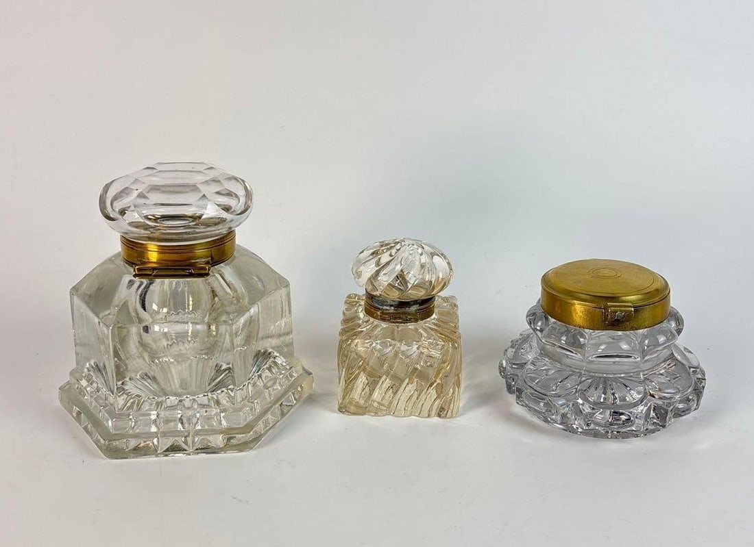 3 EXQUISITE ANTIQUE CUT CRYSTAL AND BRASS INKWELLS | DESK ACCESSORIES, 19TH CENTURY GLASS DESK SET (1 of 8)