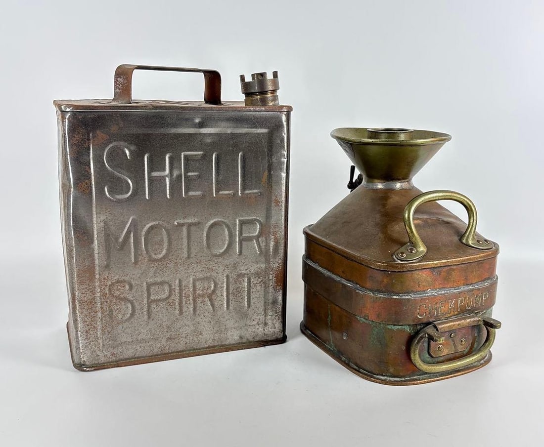 PAIR OF ANTIQUE GAS CANS: CHEKPUMP METER TEST CANISTER AND SHELL MOTOR SPIRIT (1 of 10)