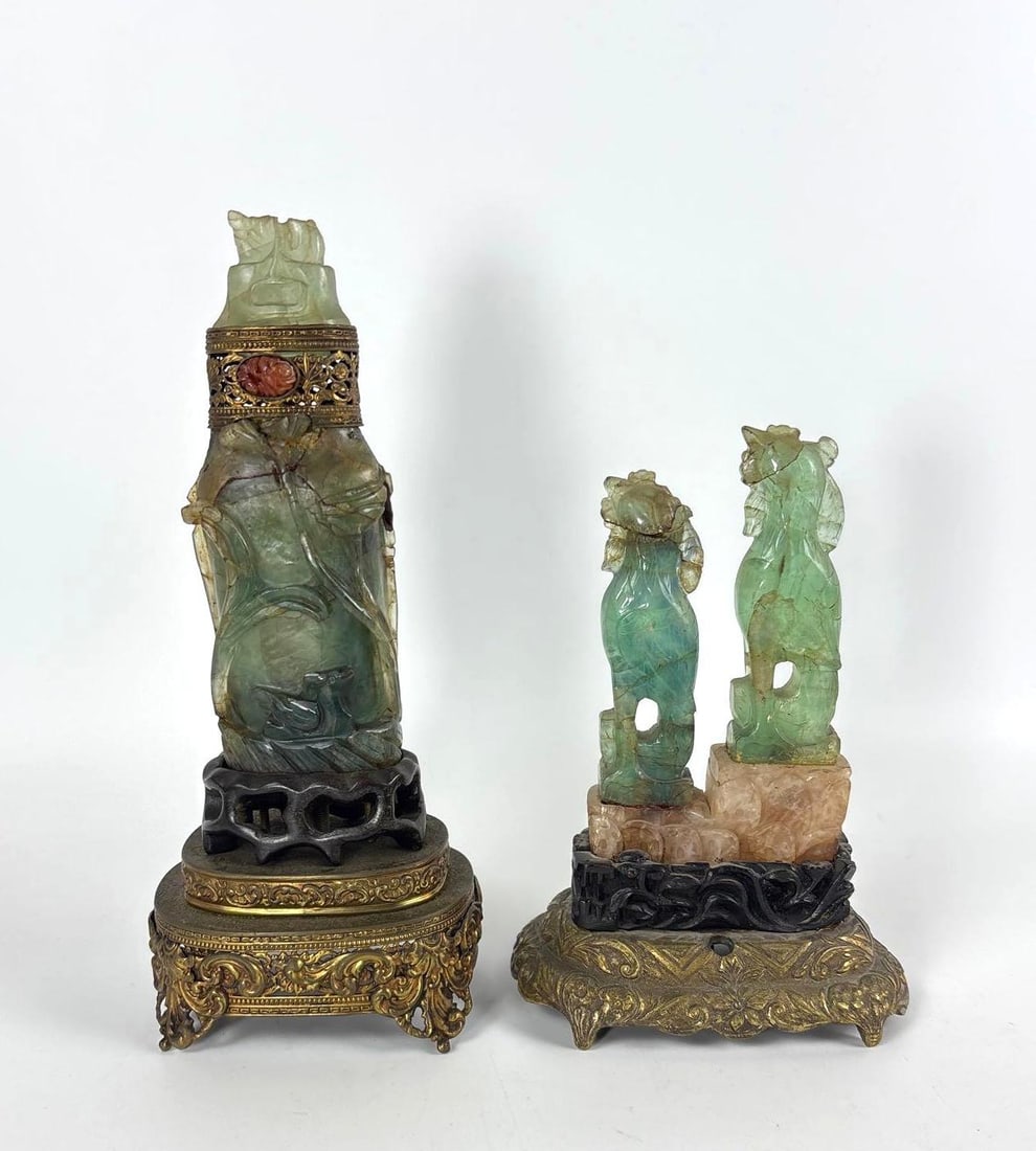 ANTIQUE CHINESE GREEN QUARTZ CARVING SCULPTURES / LAMP BASES ON GILT BRONZE STANDS (1 of 9)