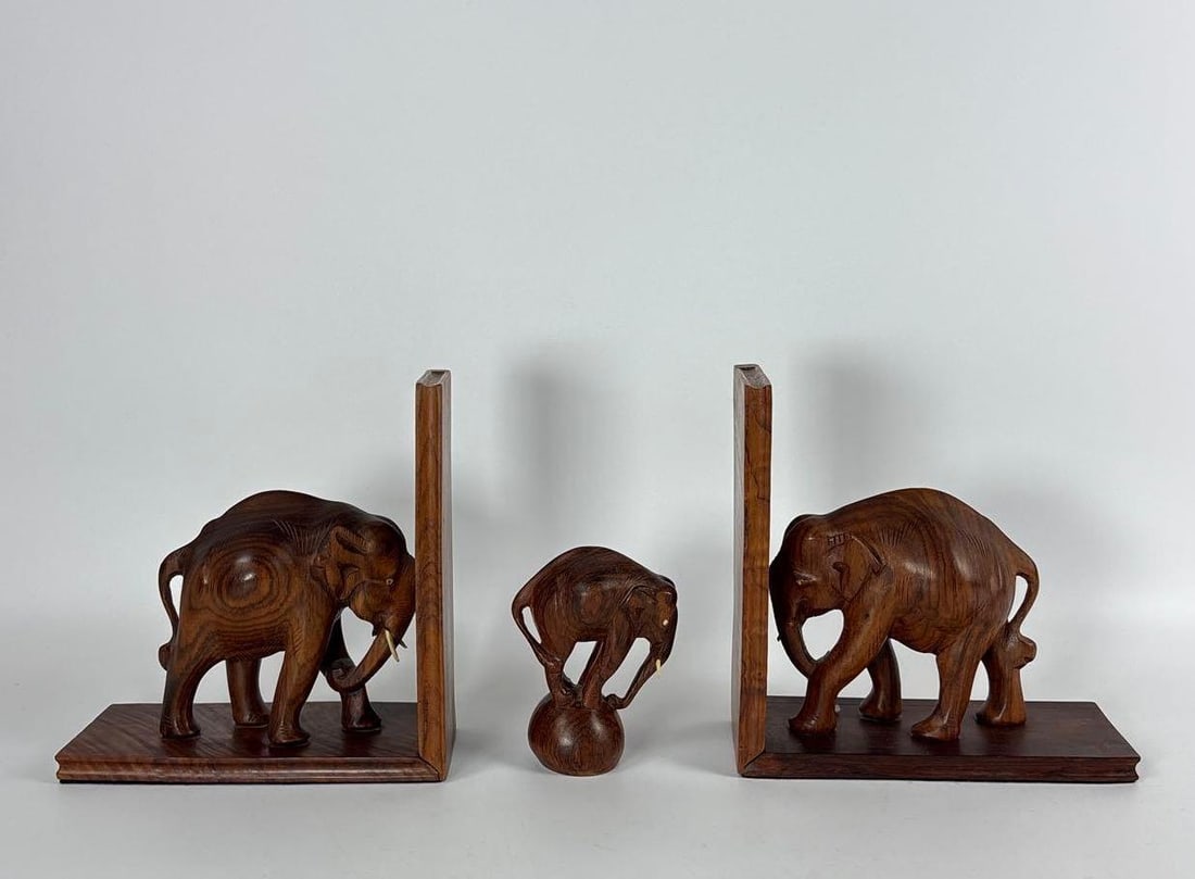 ANTIQUE CARVED WOOD ELEPHANT BOOKENDS AND SCULPTURE SET (1 of 8)