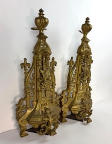 PAIR OF ANTIQUE BRONZE FIREPLACE CHENETS