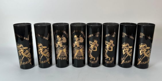 8 VINTAGE FEDERAL GLASS COLLINS GLASSES FLAMENCO DANCERS BLACK GOLD MCM