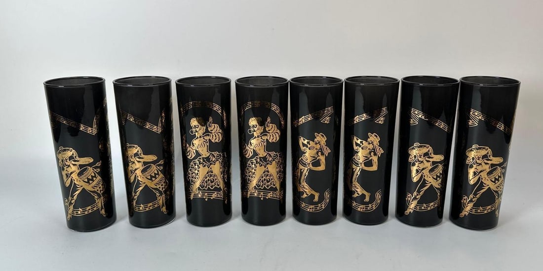 8 VINTAGE FEDERAL GLASS COLLINS GLASSES FLAMENCO DANCERS BLACK GOLD MCM: *A set of eight matching black Tom Collins glasses with a lustrous gold pattern featuring a flamenco scene. Dimensions: 7"T x 2.5"DIA Maker: Federal Glass Provenance: A New York Collector Notes: