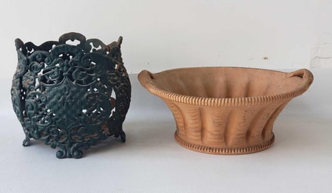 VALUE LOT TWO VINTAGE PLANTERS: ONE BASKET FORM ITALIAN TERRACOTTA, ONE CAST IRON