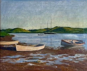 BERNARD KEYES "BOATS AT LOW TIDE IN TURO HARBOR" CAPE COD FRAMED PAINTING