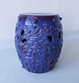 CHINESE GLAZED TERRACOTTA GARDEN SEAT, VIBRANT BLUE TO PURPLE FLAMBÉ GLAZE, LOTUS MOTIF, ANTIQUE