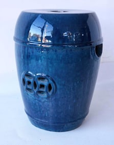 VINTAGE CHINESE GLAZED TERRACOTTA GARDEN STOOL, RARE BLUE-PURPLE MOTTLED FLAMBÉ GLAZE, LOTUS MOTIF