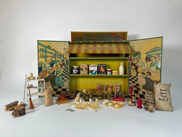 WOLVERINE TIN LITHO GENERAL GROCERY STORE PLAYSET - DOLLHOUSE MINIATURES | 1930S STOREFRONT TOY