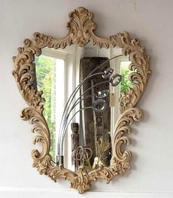 FRENCH ROCOCO STYLE CARVED GILTWOOD WALL MIRROR WITH ORNATE CREAM FINISH