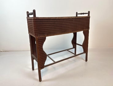 ANTIQUE VICTORIAN WICKER PLANT STAND, DARK BROWN WOVEN WICKER AND RATTAN FERN STAND, EARLY 20TH CENT