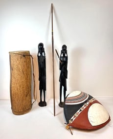 LARGE AFRICAN ETHNOGRAPHIC LOT: ZULU SHIELD, MAASAI FIGURES, DRUM & SPEAR