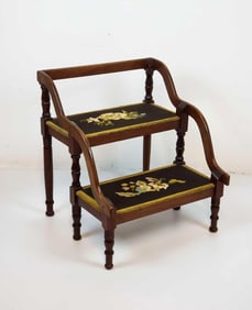 ANTIQUE GEORGIAN STYLE MAHOGANY BED STEPS W/ FLORAL NEEDLEPOINT