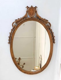 EARLY 20TH CENTURY OVAL INLAID OAK FRAMED MIRROR