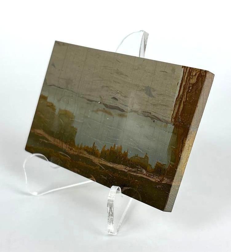 RARE ITALIAN PAESINA STONE SLAB - NATURAL LANDSCAPE FOSSIL ROCK - FIRENZE PICTURE STONE SPECIMEN: A polished, rectangular slab of sedimentary stone with a horizontal, naturally-occurring pattern in shades of gray, brown, and ochre that strongly resembles a painted landscape, canyon, or ruined city