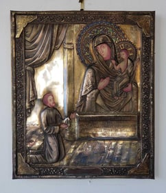 ENAMEL AND 84 SILVER RIZA ANTIQUE RUSSIAN ORTHODOX ICON "UNEXPECTED JOY" SIGNED KOKOSHNIK MARK