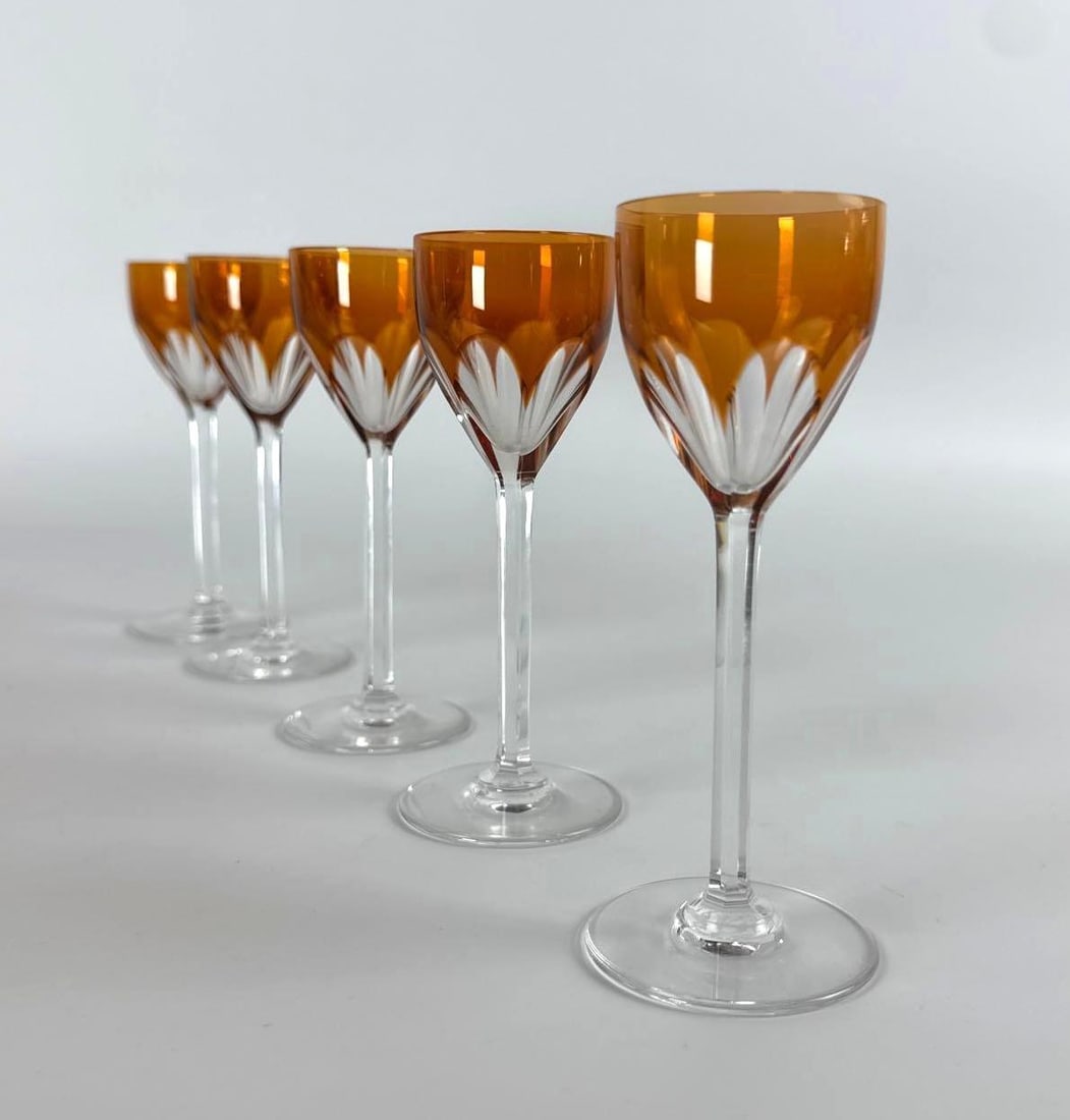 VINTAGE BACCARAT GENOVA AMBER CUT-TO-CLEAR CRYSTAL LIQUEUR STEMWARE LOT OF 5: A lot if five vintage glasses Dimensions:: 5" TALL Artist or Maker: BACCARAT Provenance: From a NYC Collector. Notes: Although care is taken to photograph and describe the item, absence of