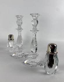 PAIR OF VAL ST LAMBERT CRYSTAL CANDLESTICKS AND HEAVY CRYSTAL UNSIGNED SALT SHAKER AND PEPPER MILL