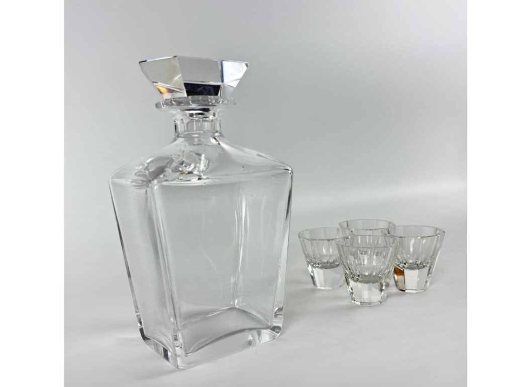 VALUE LOT  CUT CRYSTAL DECANTER AND FACETED SHOT GLASS LOT | LIKELY MOSER BOHEMIAN CECH (1 of 6)