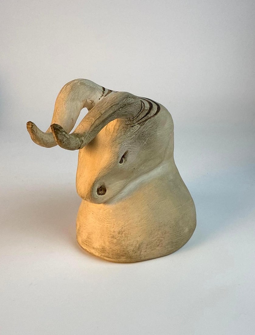 MINI HORNED BULL SCULPTURE: Bull Sculpture Studio Pottery Dimensions: 5" tall Artist or Maker: Unknown Notes: Although care is taken to photograph and describe the item, absence of a condition report does not imply perfect condi