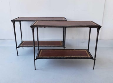 IMPRESSIVE PAIR OF NEOCLASSICAL SILVERPLATED TWO-TIER EMPIRE SIDE TABLES WITH TOOLED LEATHER TOPS