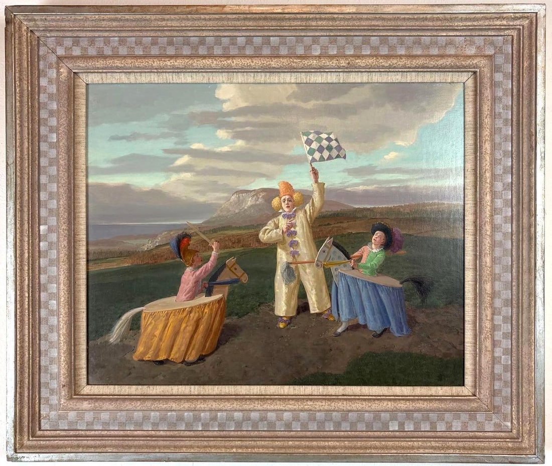 CLAUDE HARRISON SURREALIST OIL ON BOARD PAINTING " TRAINING BOYS" (1 of 7)
