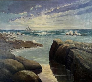 WARREN LONG SEASCAPE WITH SCHOONER AND ROCKY COAST, OIL ON CANVAS