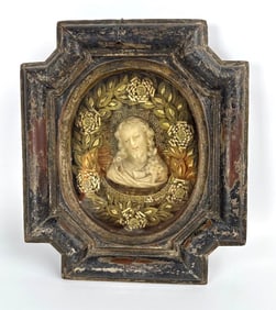 MUSEUM-QUALITY DEVOTIONAL ART: 19TH C. WAX CHRIST FIGURE IN RELIC-STYLE SHADOW BOX
