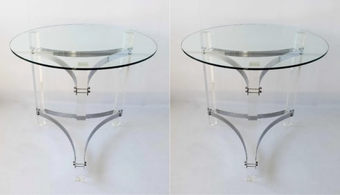 PAIR OF CHARLES HOLLIS JONES LUCITE TABLE BASES WITH NEW GLASS TOPS