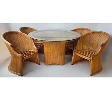 VINTAGE PENCIL REED BAMBOO AND RATTAN CIRCULAR GLASS TOP DINING TABLE AND FOUR CHAIRS