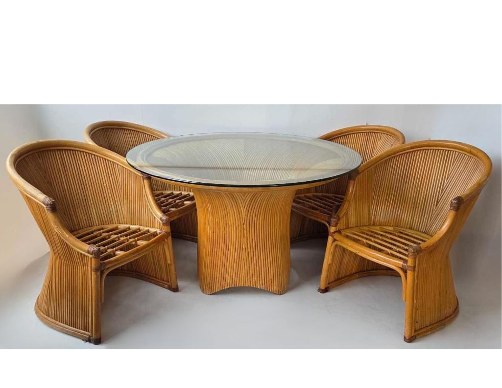 VINTAGE PENCIL REED BAMBOO AND RATTAN CIRCULAR GLASS TOP DINING TABLE AND FOUR CHAIRS (1 of 20)