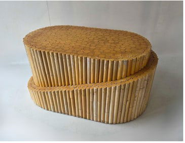 MODERN OVAL BAMBOO COFFEE TABLE IN THE MANNER OF MCGUIRE AND PAUL FRANKL