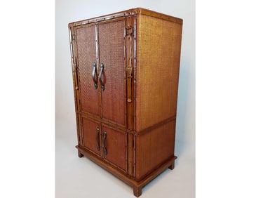 LARGE VINTAGE WOVEN RATTAN WARDROBE ARMOIRE CABINET WITH LEATHER STRAP ACCENTS