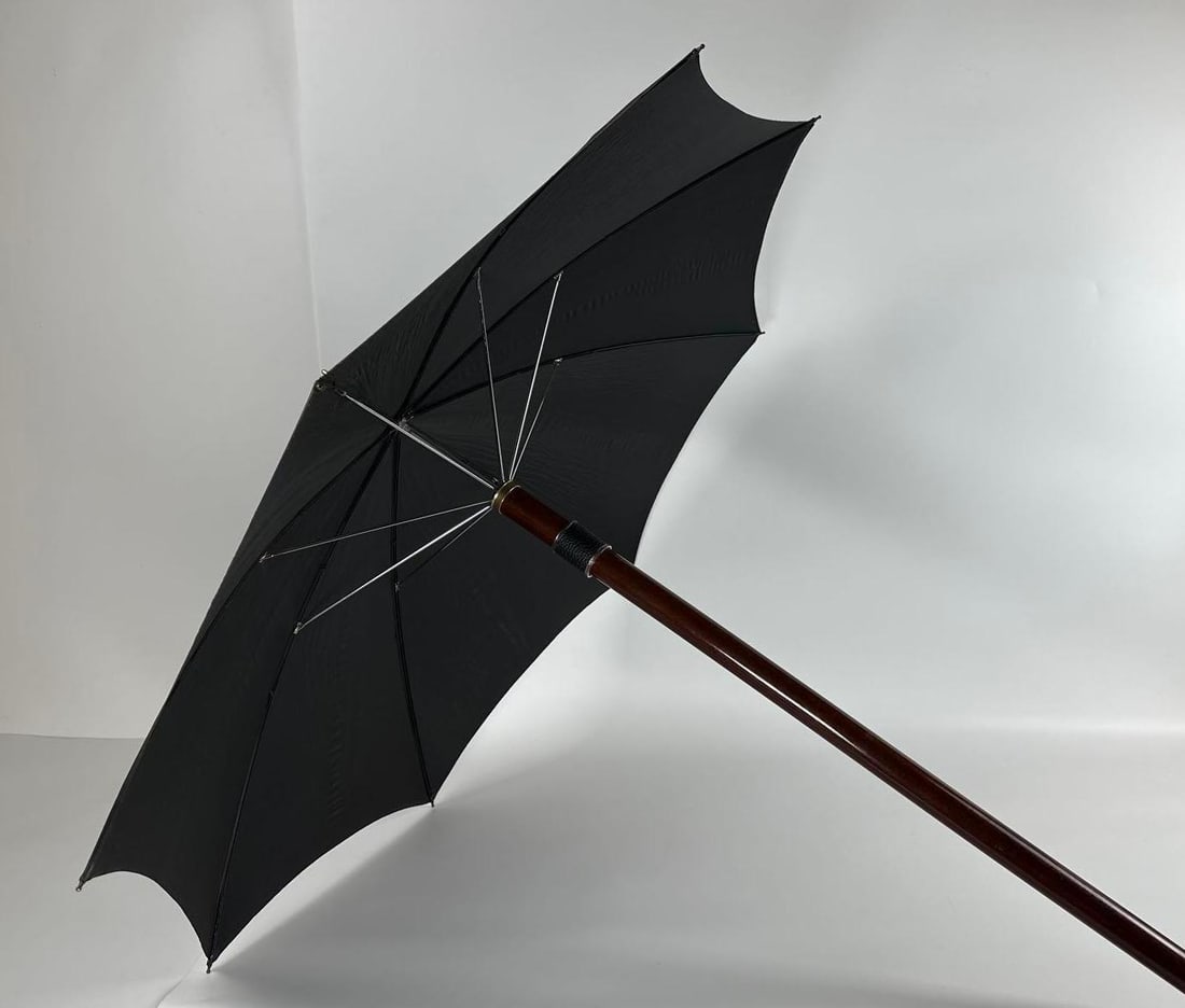 RARE ANTIQUE/VINTAGE CONVERTIBLE UMBRELLA CANE WITH WOOD SHAFT: The umbrella canopy is hidden within the cane! Open Dimensions: 40.75"L x 40"DIA Closed Dimensions: 32"L Maker: Un