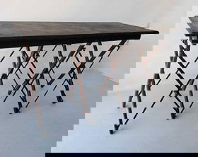 PRIMITIVE 19TH/EARLY 20TH CENTURY FOLDOUT WALLPAPER WORK TABLE, ANTIQUE INDUSTRIAL PASTING TABLE: A work table with a fold out expandable base. Dimensions:Table top 3.5"h x 48"w x 24"d Dimensions Base: 27"h x 50"w x 18"d Maker: Unknown Provenance: A New York Collector