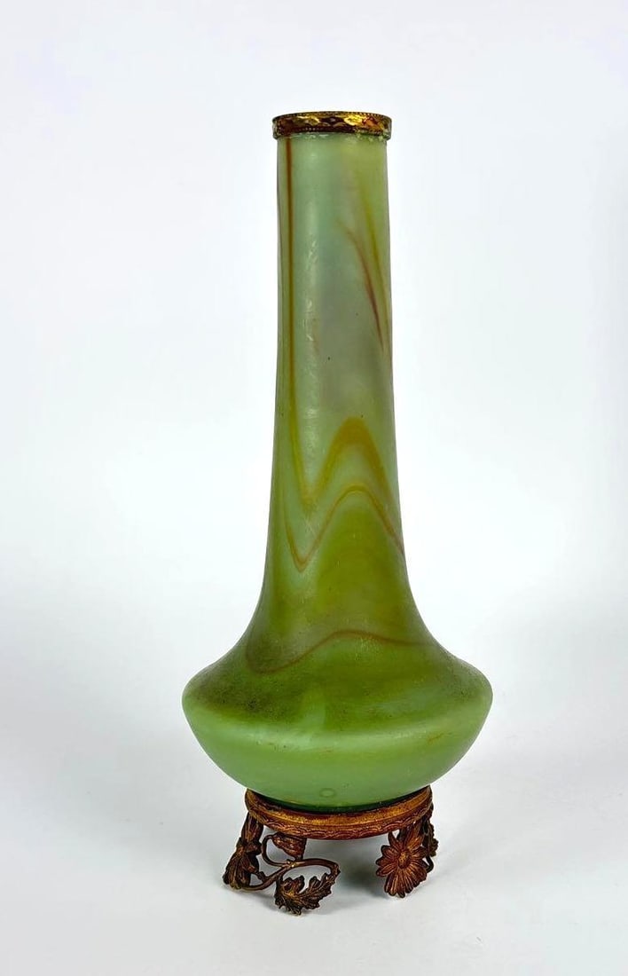 SEVRES ANTIQUE FRENCH ART NOUVEAU JADE ART GLASS MARBLED VASE ON GILT BRONZE DAISY MOUNT (1 of 7)