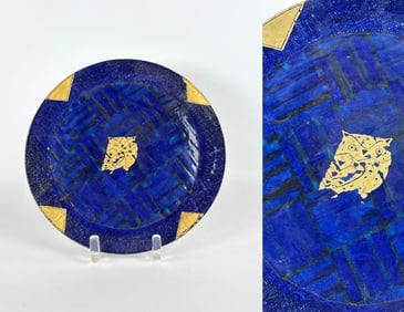 MASAHIRO MAEDA PLATE COBALT BLUE GLAZED ENAMEL AND GILT STONEWARE W/ GILT OWL