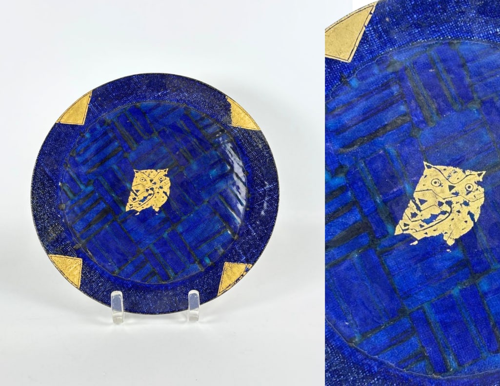MASAHIRO MAEDA PLATE COBALT BLUE GLAZED ENAMEL AND GILT STONEWARE W/ GILT OWL (1 of 8)