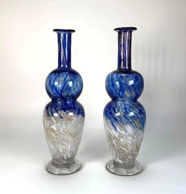 RARE PAIR OF BLUE MURANO AVENTURINA CALCEDONIO GOLD FLECK VASES - MID-CENTURY ITALIAN ART GLASS