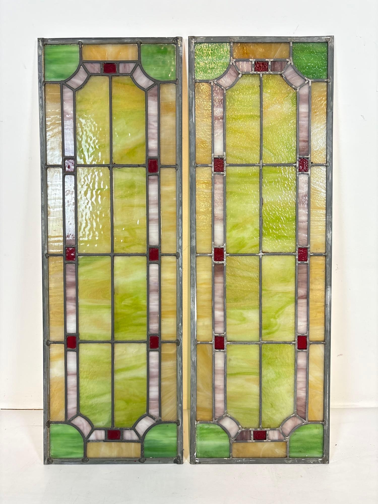 EXQUISITE PAIR OF ANTIQUE ARCHITECTURAL STAINED GLASS PANELS WITH JEWELED ACCENTS (1 of 6)
