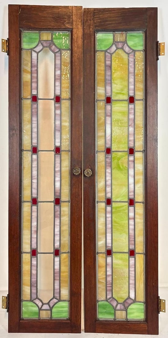 VINTAGE DOUBLE DOORS: STICKLEY-STYLE OAK FRAMES WITH VIBRANT LIME AND LAVENDER SLAG GLASS (1 of 7)
