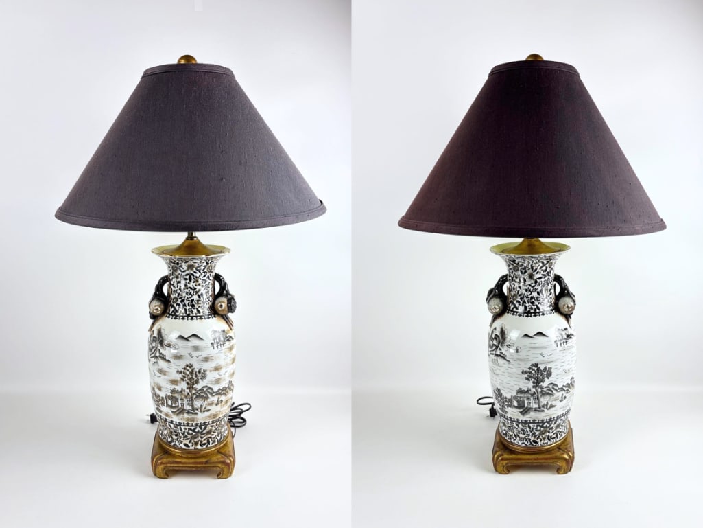 PAIR OF ASIAN PORCELAIN URN FORM LAMPS WITH POMEGRANATE MOTIF HANDLES (1 of 15)